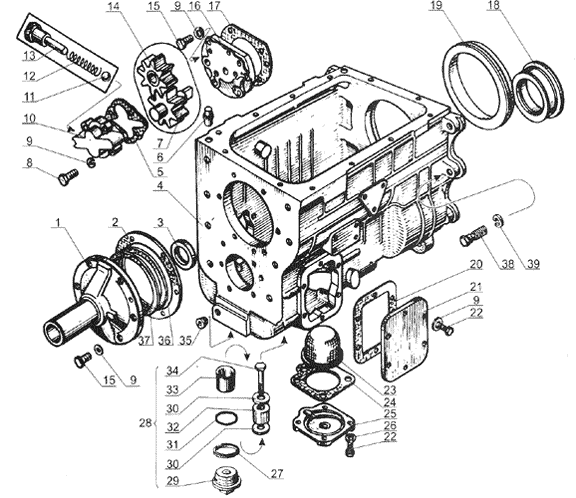 Картер и масляный насос коробки передач ЯрМЗ-238М4 двигателя ЯрМЗ-238Д